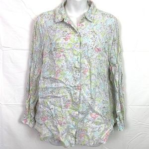 J JILL LOVE LINEN Floral Button Down Shirt Top P M